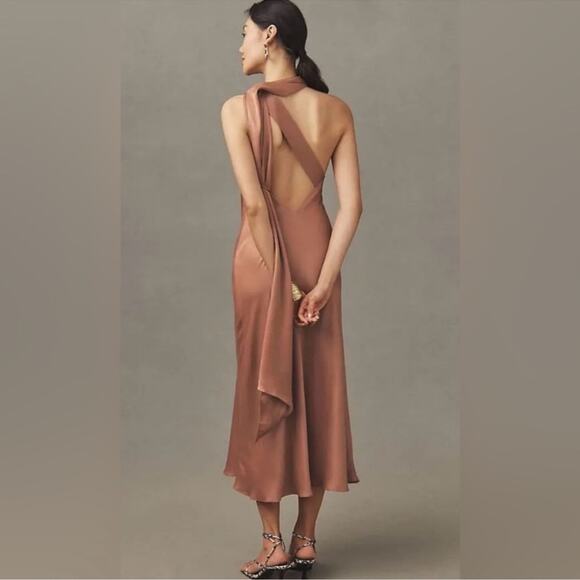 BHLDN Anthropologie Nicoletta One Shoulder Scarf Satin Midi Dress Cedar Brown XL - Picture 7 of 15